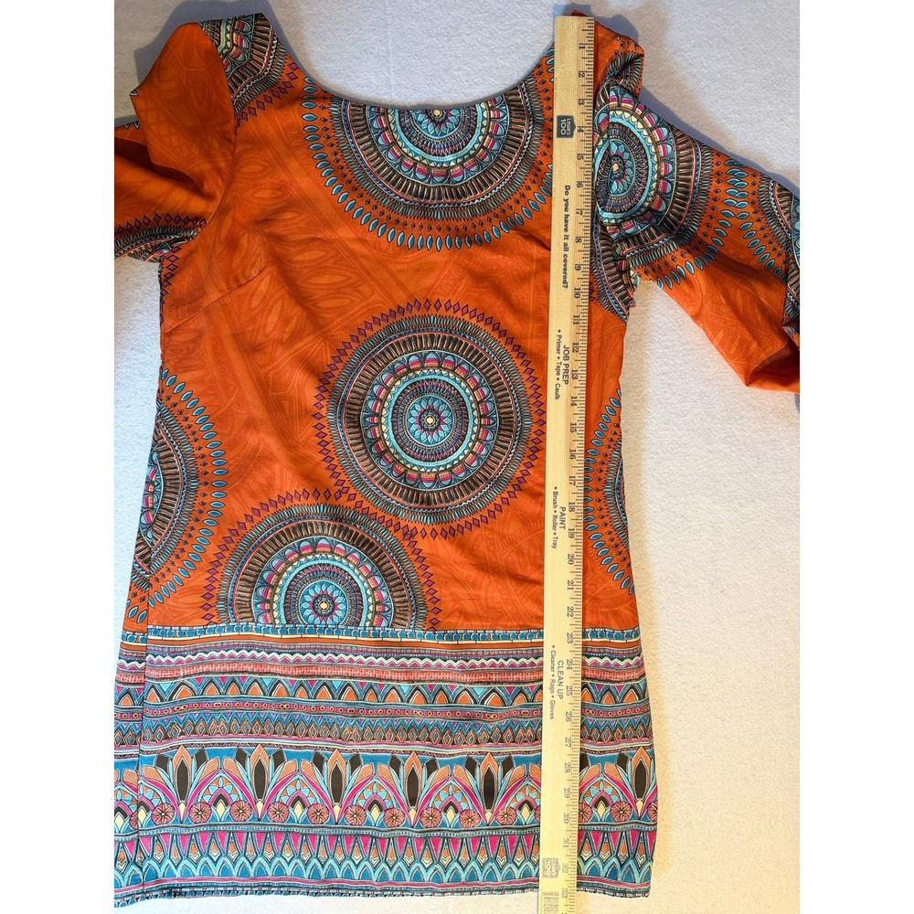 Pink Owl Orange Boho Medallion Print 3/4 Sleeve Mini Shift Dress Womens Medium - Picture 6 of 10